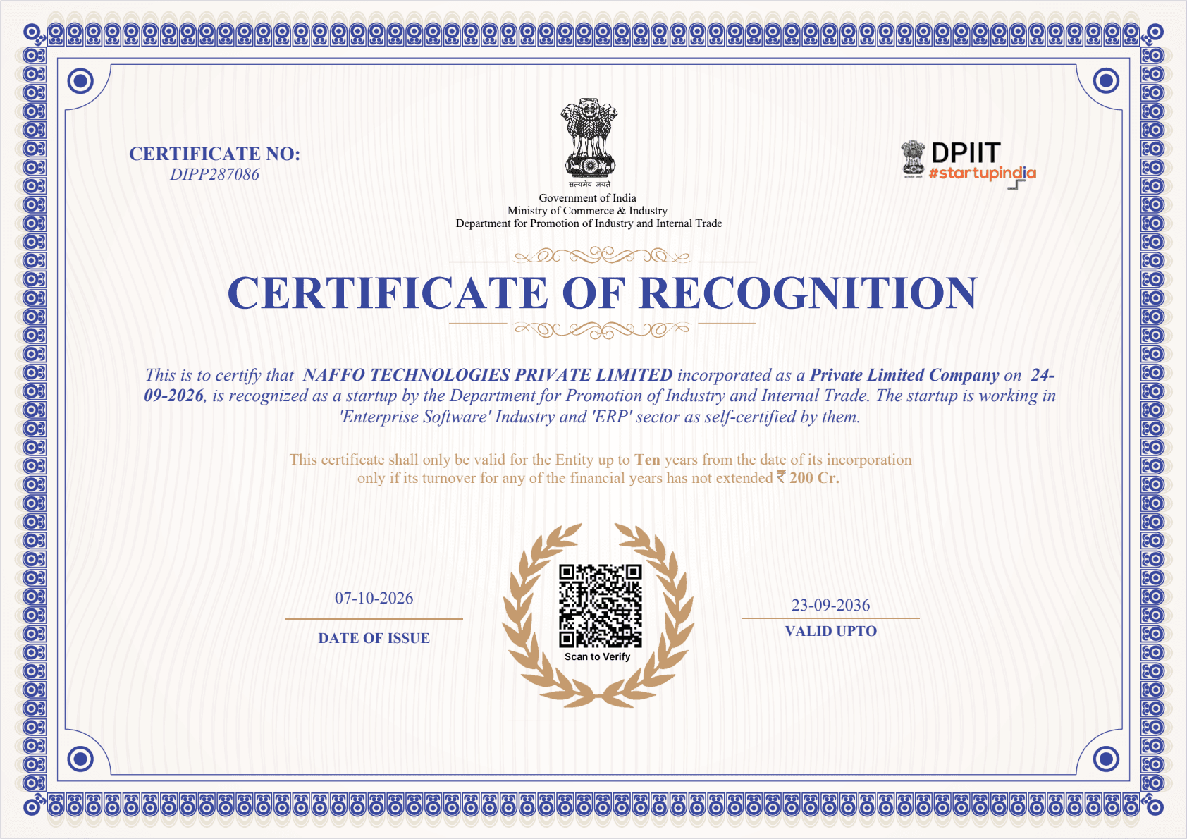 DPIIT Certificate of Recognition for Naffo Technologies Private Limited, certificate DIPP287086, issued 7 October 2026
